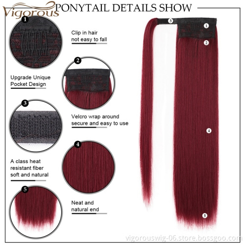 Vigorous Cheap Synthetic Hairpiece for Women Long Straight Red Drawstring Ponytail  Clip in Ponytail Extension Heat Resistant
